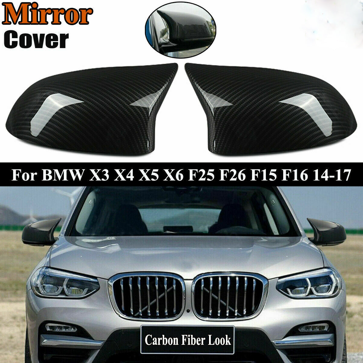 Carbon Fibre Wing Mirror Cover Cap For BMW X3 F25 X4 F26 X5 F15 X6 F16 2015-2018