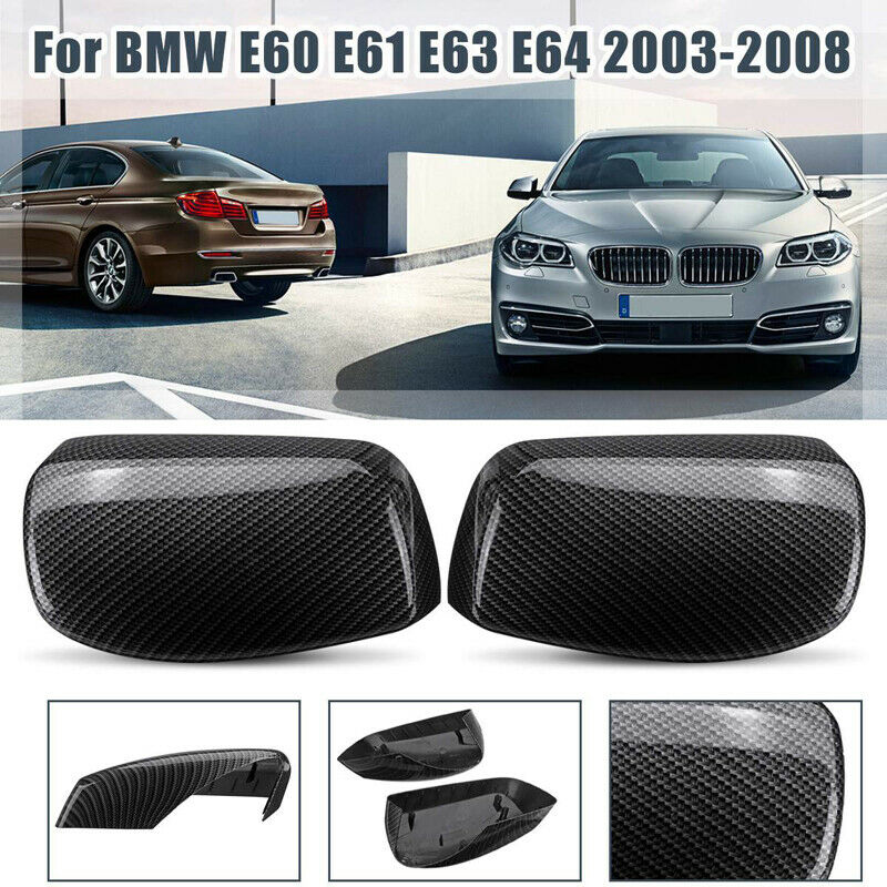 Pair Carbon Fiber Rearview Mirror Cover Caps For BMW E60 E61 E63 E64 2003-2007