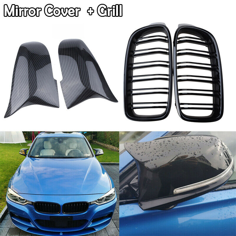 Kidney Grill+Carbon Fiber Mirror Caps Covers for BMW F30 Sedan 12-2018 320i 328i