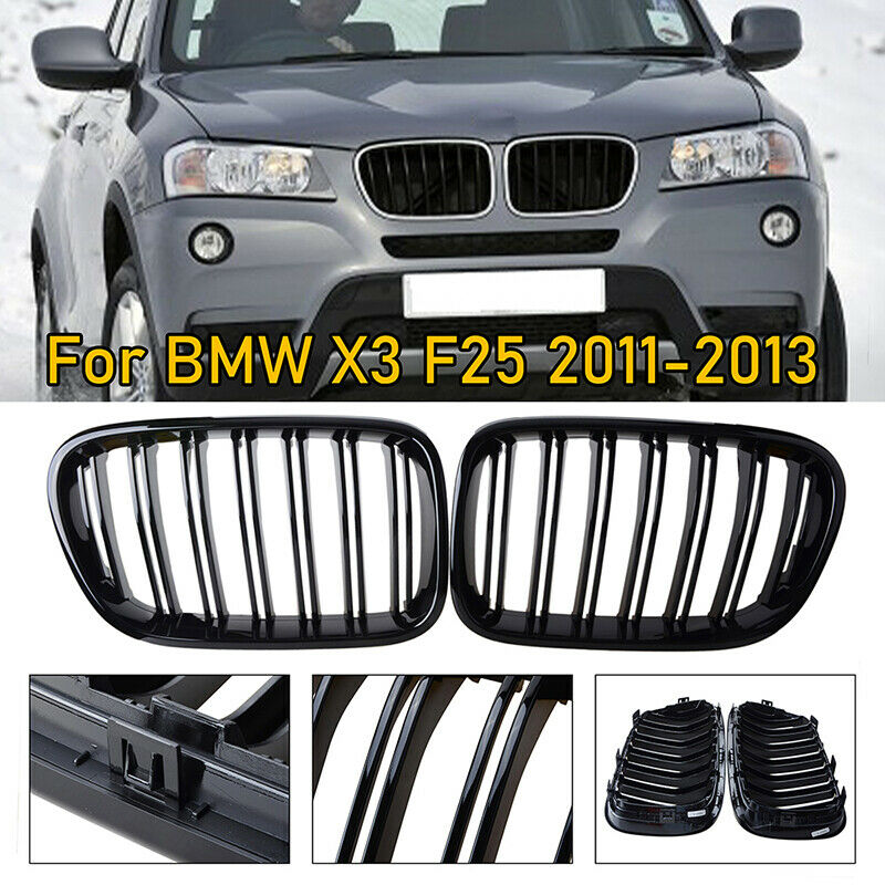 For BMW X3 F25 10-13 Front Bumper Twin Slats Kidney Grilles Grill Gloss Black