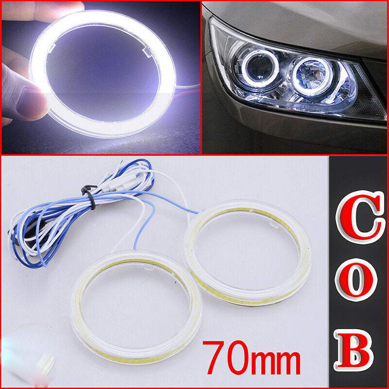 70MM COB LED Ring Angel Eye Halo Headlight Lamp Cover White Light Universal e2