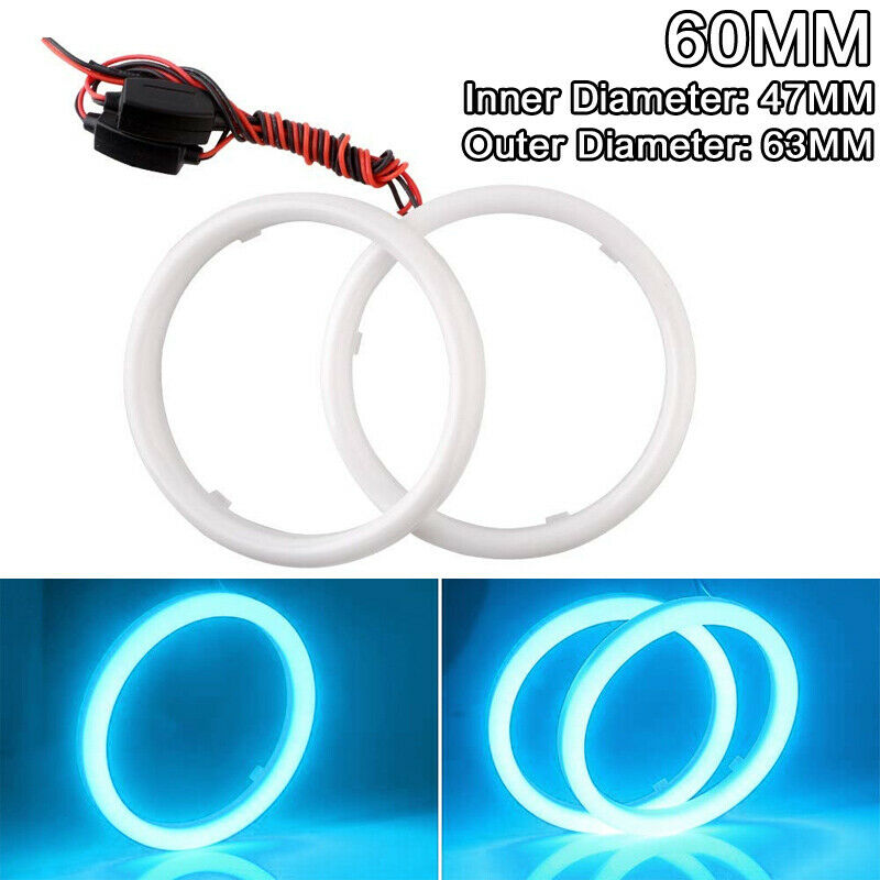 Pair Car 60mm BLUE COB LED Angel Eyes Halo Ring with Cover Fog light Universal E