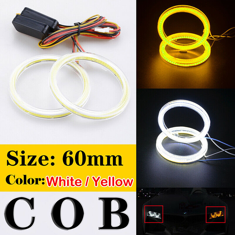 2x 60mm Angel Eyes COB Car Headlight Halo Ring White DRL Amber Turn Light UK AE