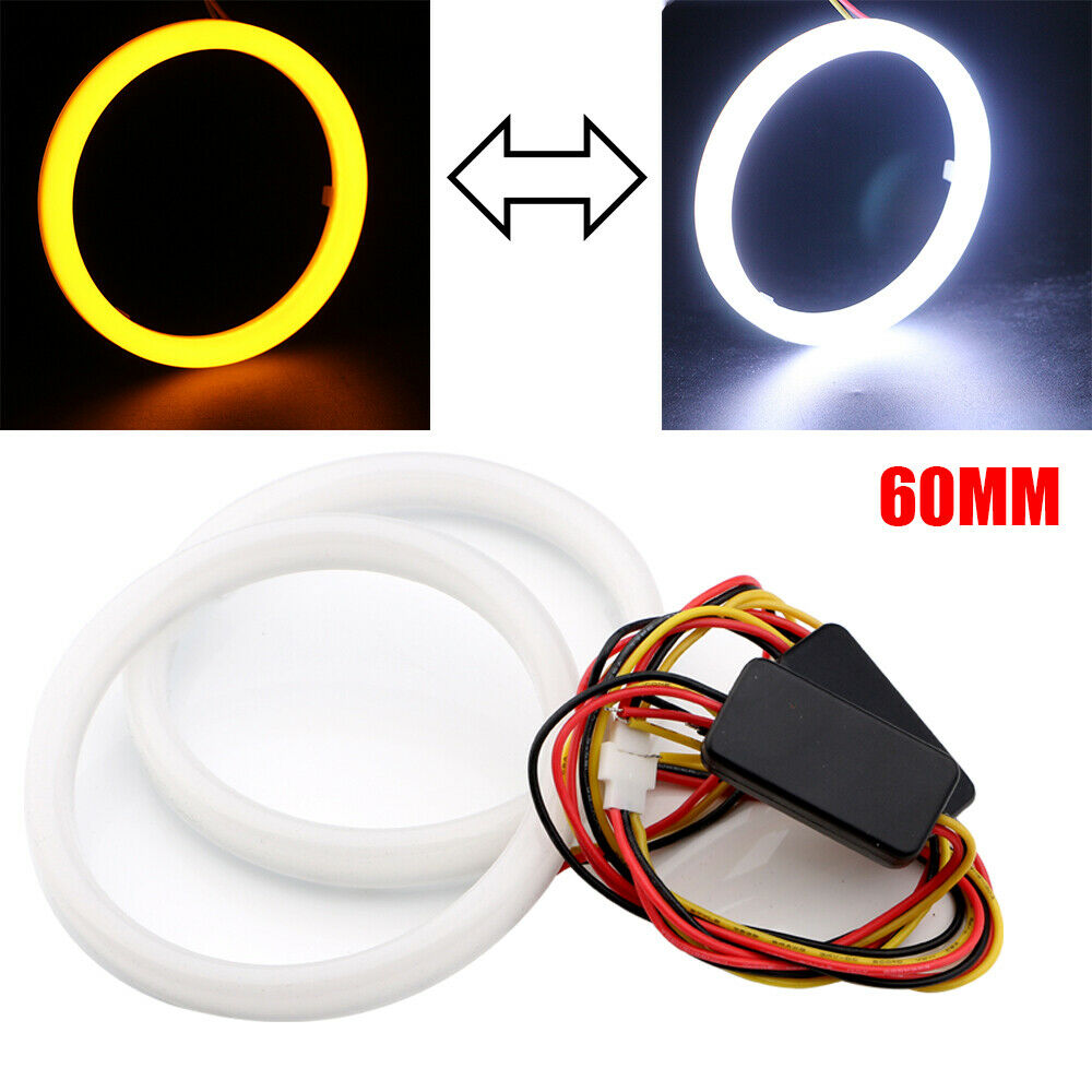 2x 60mm Angel Eyes COB Car Headlight Halo Ring White DRL Amber Turn Light 6000K