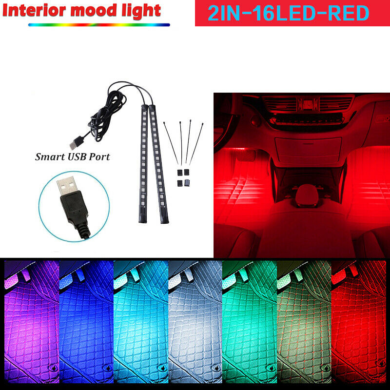 2x 16LED Car Interior Atmosphere Footwell Strip Light USB Port Decor Lamp RED UK