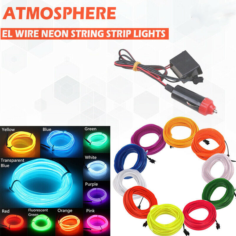 LED Car Atmosphere Strip Light EL Wire Neon Glow Rope Lamp Cigarette lighter ae