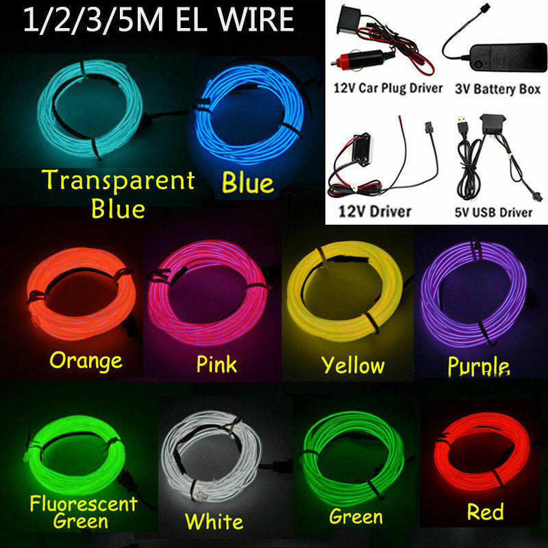 LED Car Atmosphere Strip Light EL Wire Neon Glow Rope Lamp Cigarette lighter ae