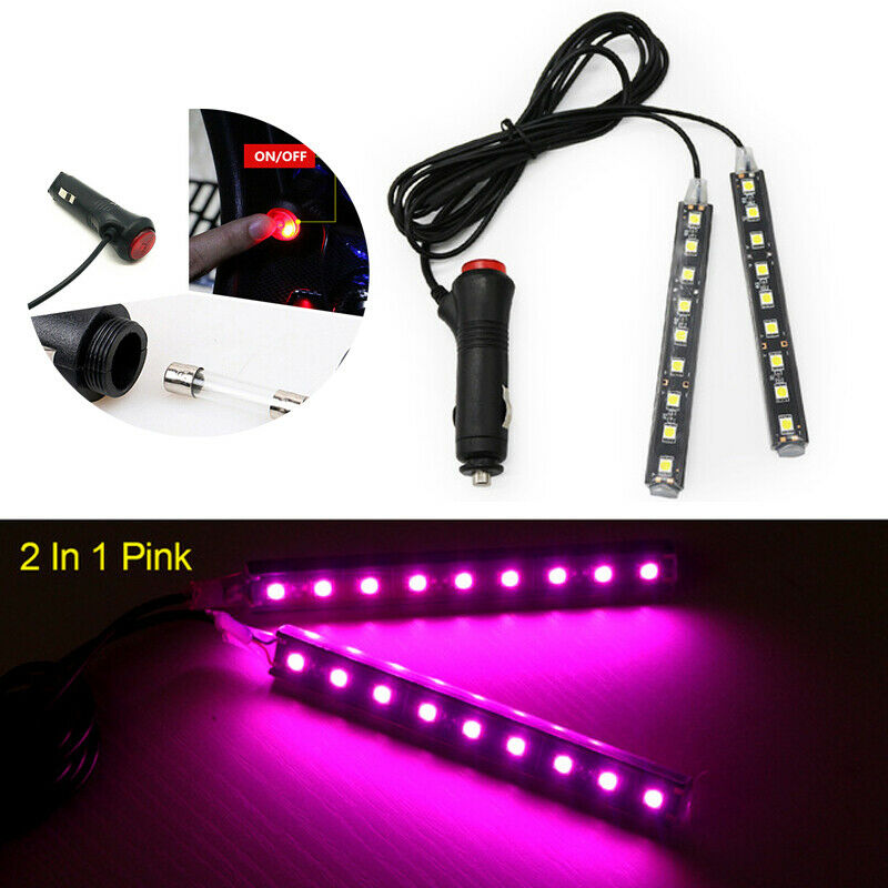 2in1 9LED Interior Atmosphere Lights Foot Strip Lamp Cigarette Lighter Pink