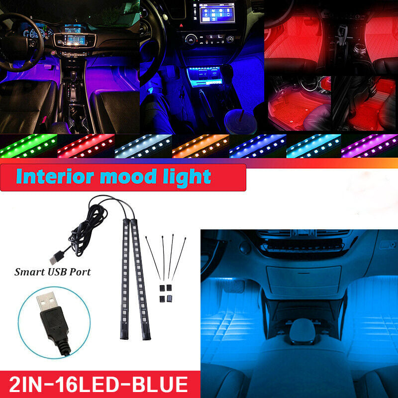 2x 16LED Car Interior Atmosphere Footwell Strip Light USB Port Decor Lamp BLUE