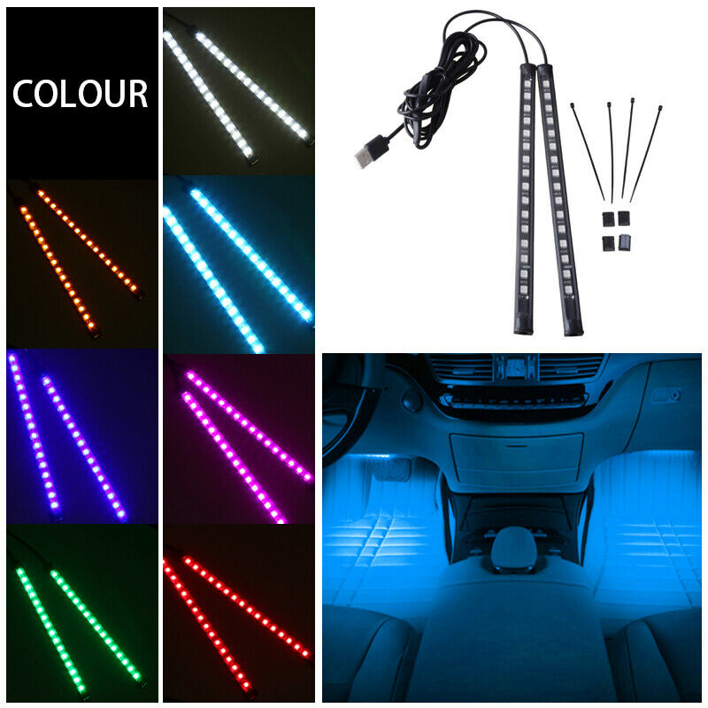 2x 16LED Car Interior Atmosphere Footwell Strip Light USB Port Decor Lamp BLUE