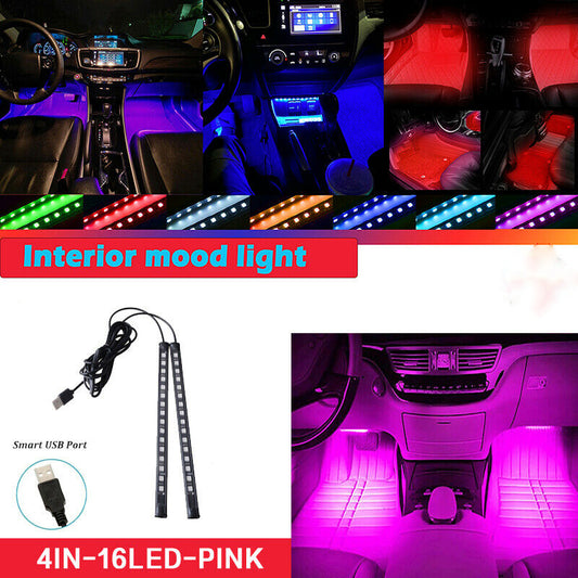 UK 2x Pink Car Interior Footwell 16 LED Strip Lights Atmosphere Lamp USB Port