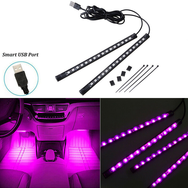 UK 2x Pink Car Interior Footwell 16 LED Strip Lights Atmosphere Lamp USB Port