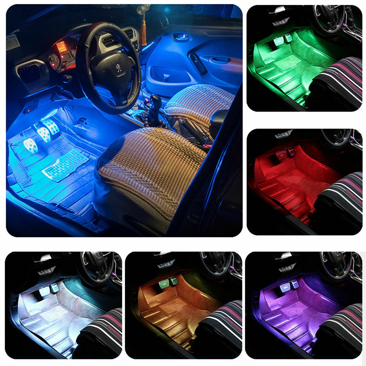 UK 2x Pink Car Interior Footwell 16 LED Strip Lights Atmosphere Lamp USB Port