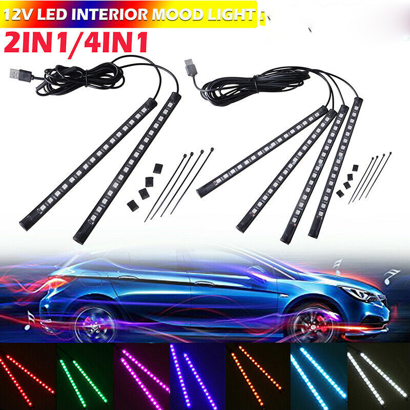 2IN1/4IN1 LED Light Strips Car Interior Atmosphere Footwell USB Lighter Decor UK