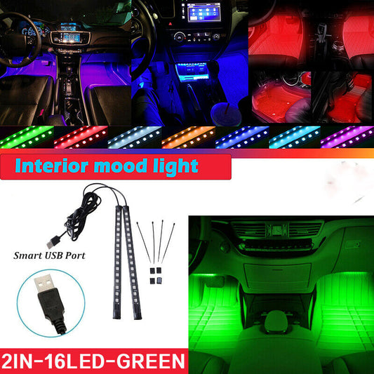 2x 16LED Car Interior Atmosphere Footwell Strip Light USB Port Decor Lamp GREEN