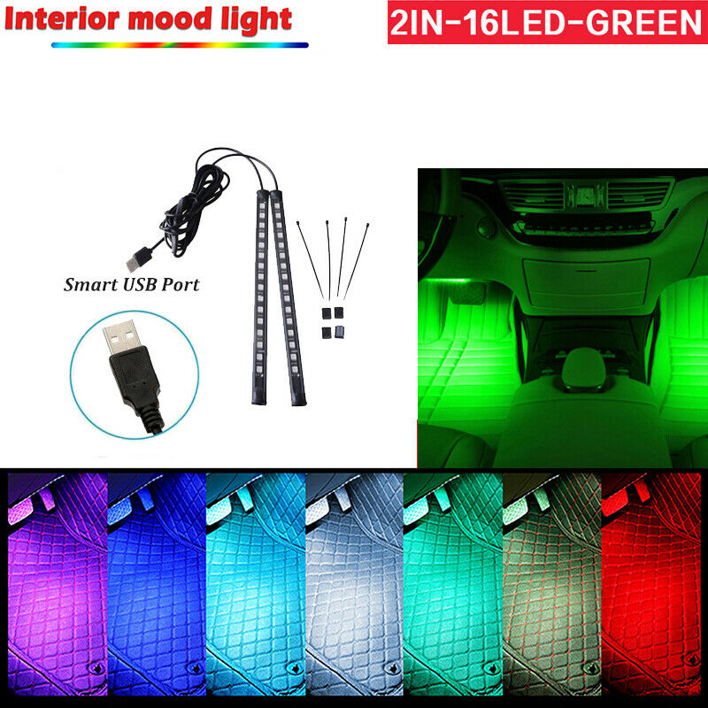 2IN1 16LED Car Interior Atmosphere Footwell Strip Light USB Port Lamp GREEN UK