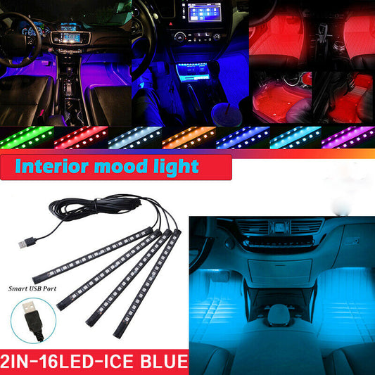 4pcs Ice Blue Car Interior Footwell 16LED Strip Lights Atmosphere Lamp USB Port
