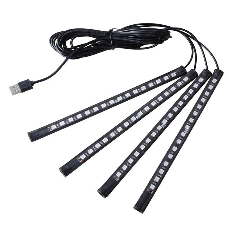 4pcs Ice Blue Car Interior Footwell 16LED Strip Lights Atmosphere Lamp USB Port