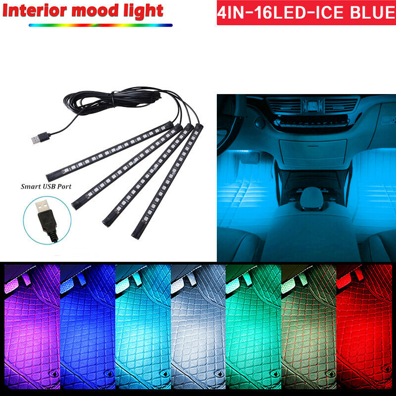 4IN1 Ice Blue Car Interior Footwell 16LED Strip Lights Atmosphere Lamp USB Port