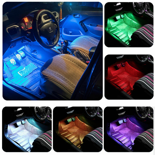 4IN1 Ice Blue Car Interior Footwell 16LED Strip Lights Atmosphere Lamp USB Port