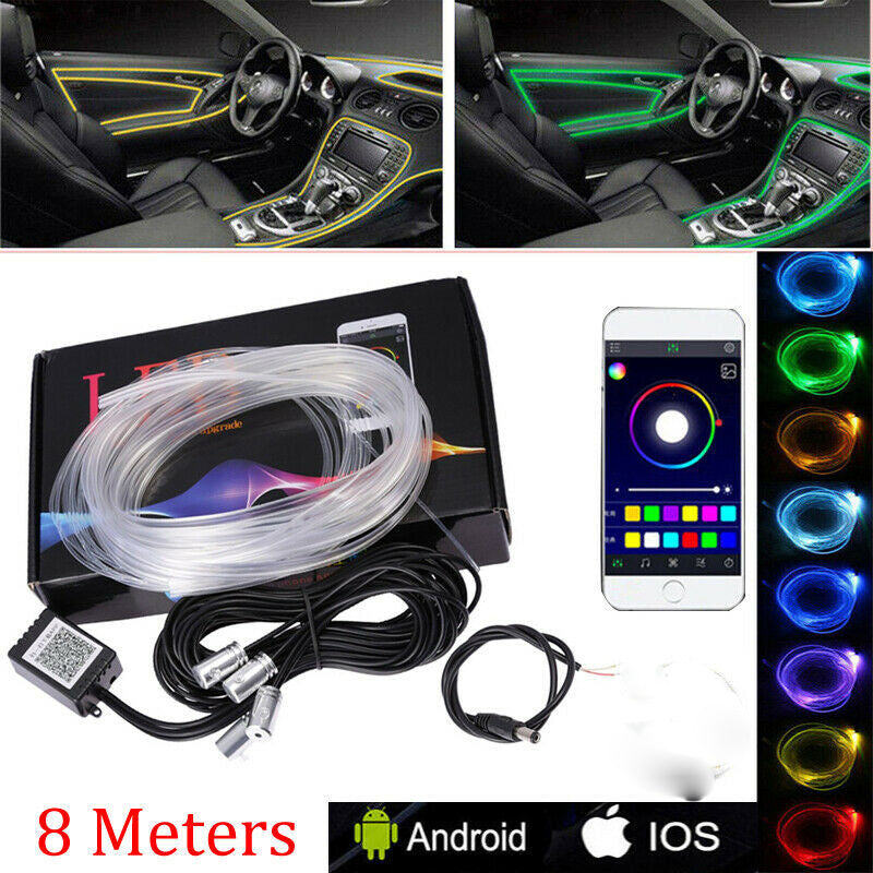 6x 8M RGB Car Fiber Optic Atmosphere Strip LED Light APP Waterproof DC Wireless