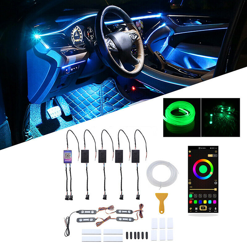 8M RGB LED Car Interior Fiber Optic Neon EL Wire Strip Atmosphere Light Kits APP