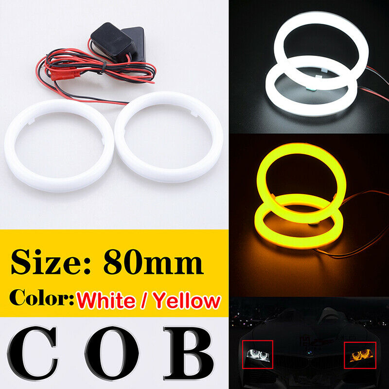 2x 80mm Angel Eyes COB Car Headlight Halo Ring White DRL Amber Turn Light UK