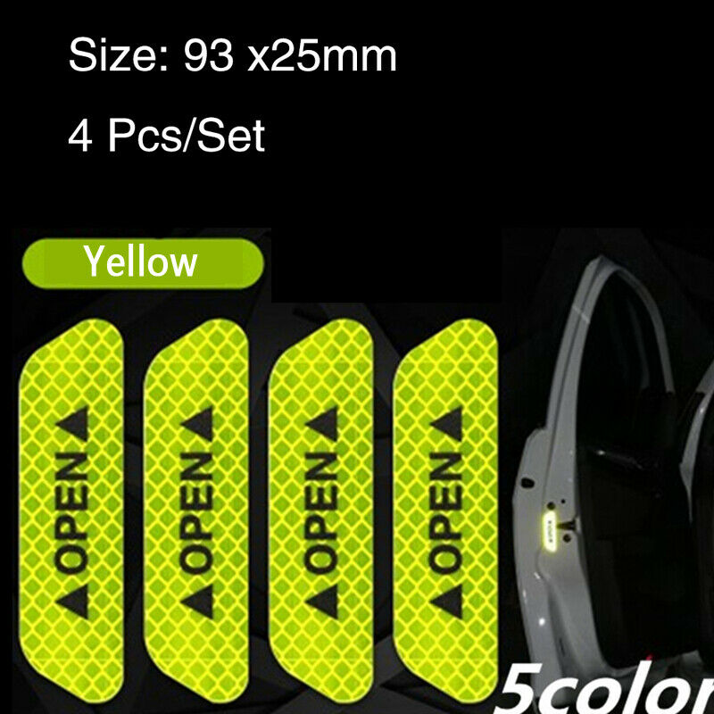 4pcs/Set Car Door Sticker Reflective Tape Safety Warning Decal Yellow Universal