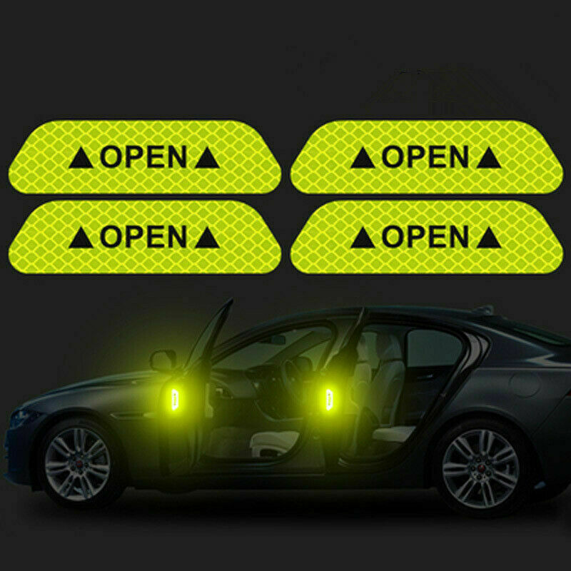 4pcs/Set Car Door Sticker Reflective Tape Safety Warning Decal Yellow Universal