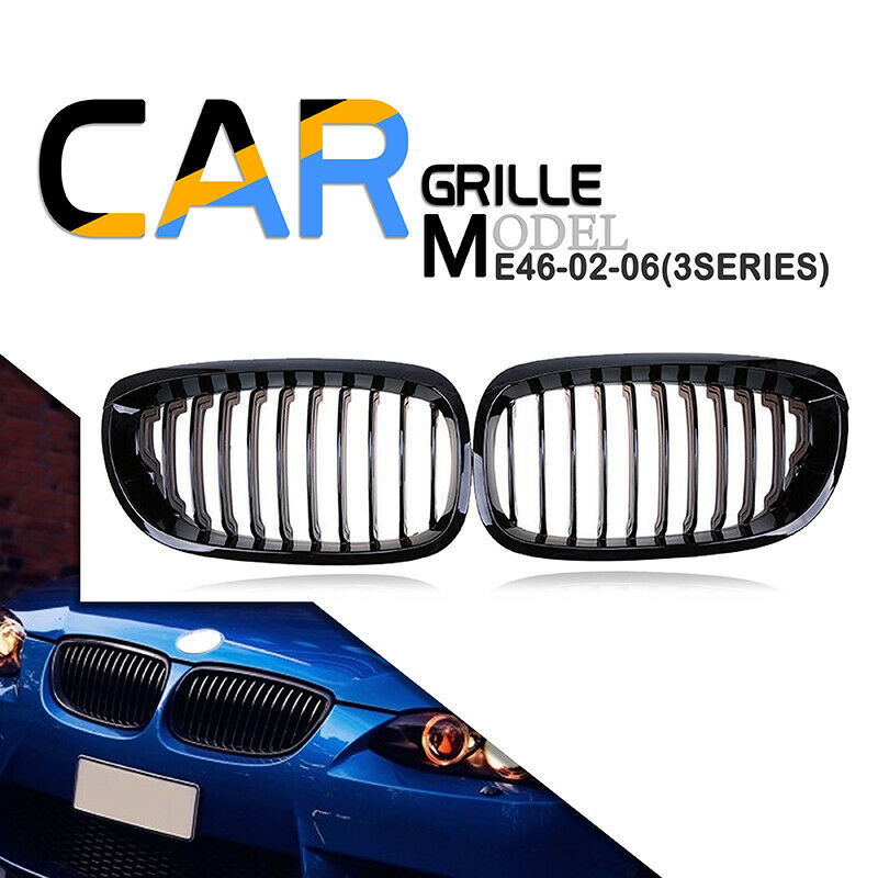 Pair For BMW 3 Series E46 Coupe 2003-2006 Gloss Black Kidney Front Grille Grill