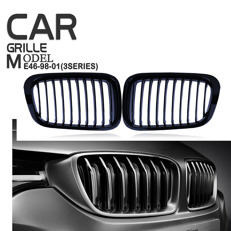 2pcs Gloss Black Front Grill Grille For BMW E46 1998-2001 Pre-facelift Saloon