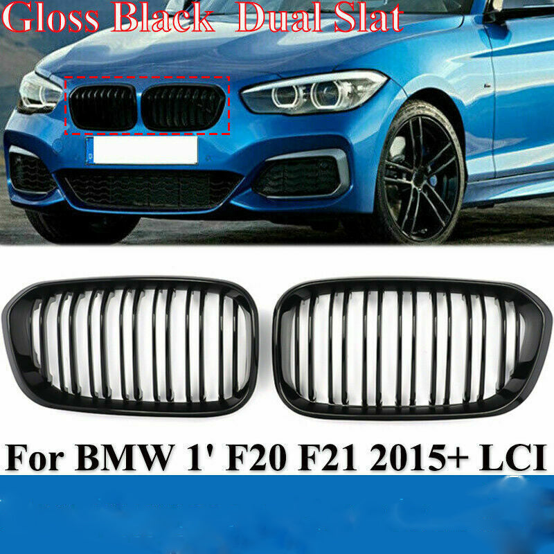 2x Gloss Black Kidney Grille Grill For BMW Twin Slats F20 F21 1 Series 2015-2019