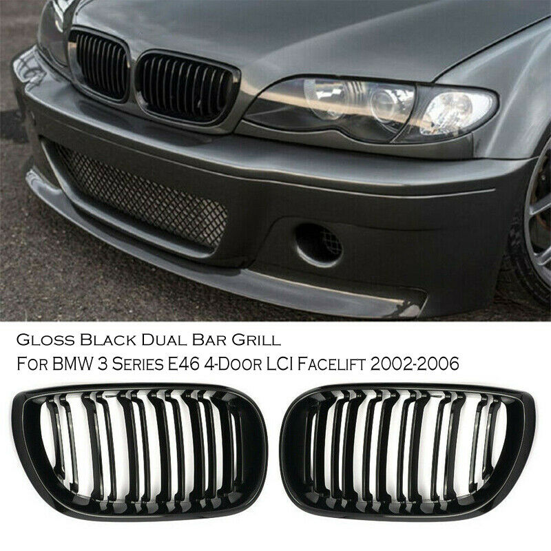 Pair Gloss Black Kidney Grille Grill For BMW 3 Series E46 Sedan 2002-05 Facelift