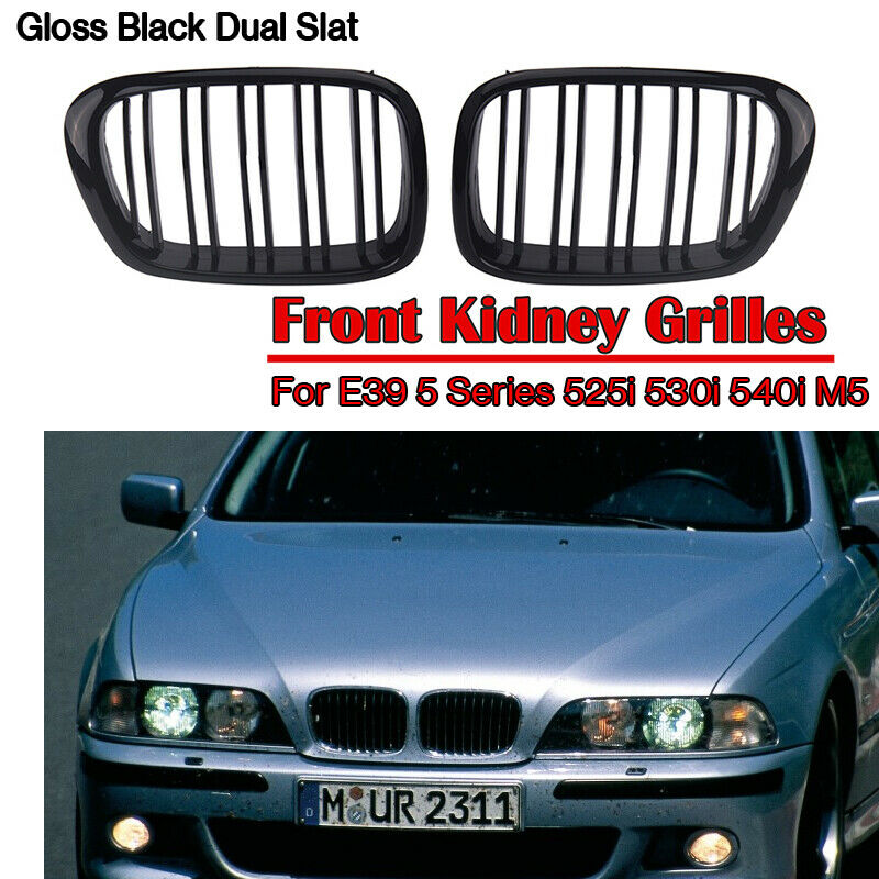 For BMW E39 Facelift 525/528 1997-03 Gloss Black Double Slat Front Grilles Grill