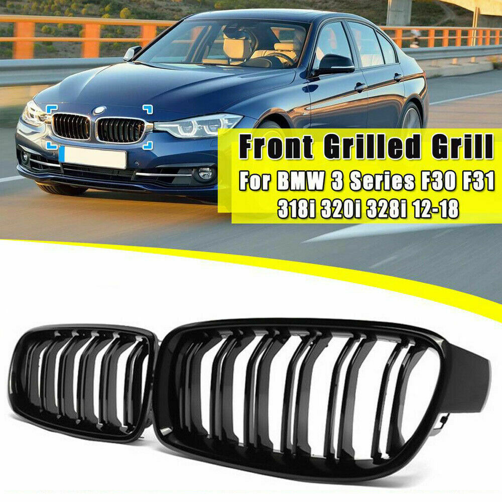 For BMW F30 F31 F35 3 Series 2012-2019 Kidney Grill Grille Gloss Black Dual Line