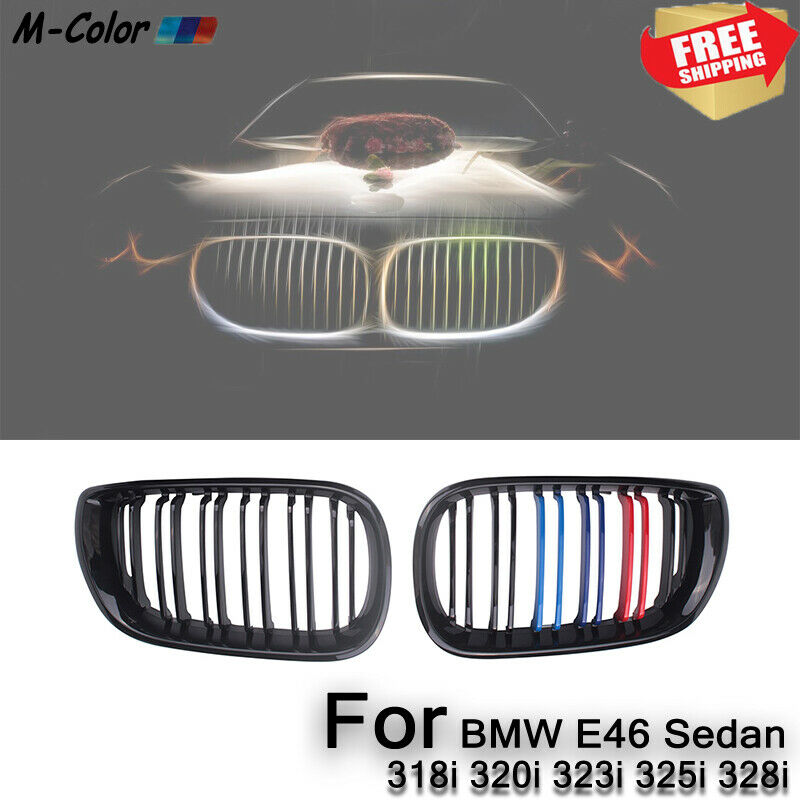 Pair Gloss Black&M-Color FRONT KIDNEY GRILL For BMW E46 320i 325i 330i 2002-2005