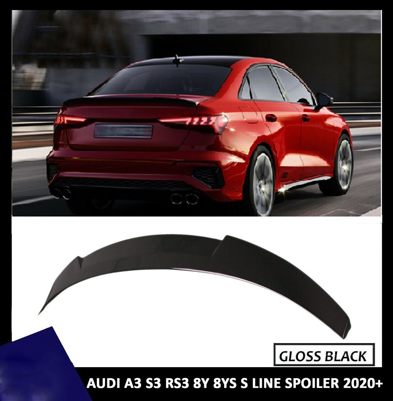 AUDI A3 S3 RS3 8Y 8YS S LINE SALOON REAR TRUNK BOOT SPOILER 2020+ GLOSS BLACK