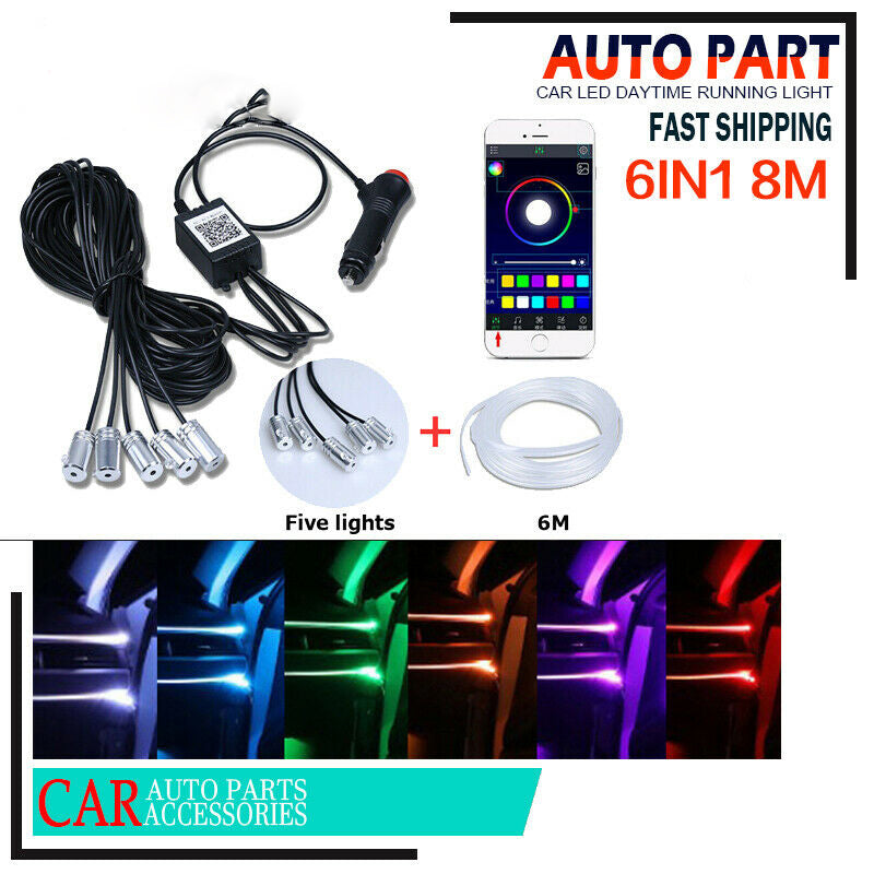 6PCS 8M RGB LED Car Interior Atmosphere Light EL Neon Strip Lamp APP Control UK