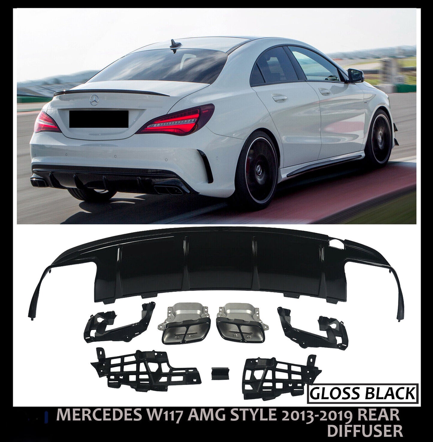 MERCEDES AMG W117 C117 CLA45 GLOSS BLACK REAR DIFFUSER QUAD EXHAUST TAILPIPES