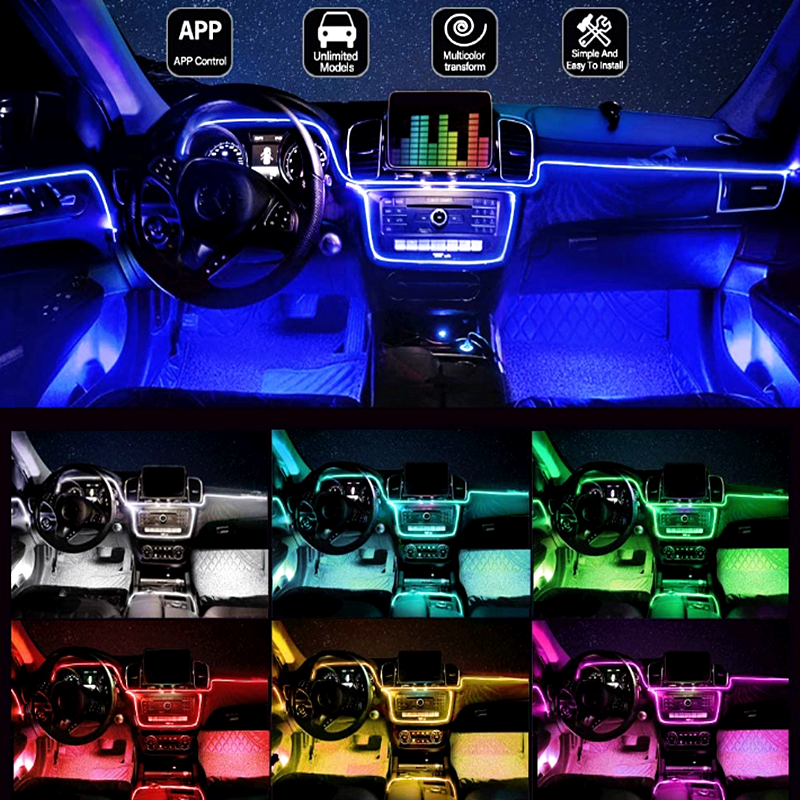 8M RGB LED Car Interior Fiber Optic Neon EL Wire Strip Atmosphere Light Kits APP