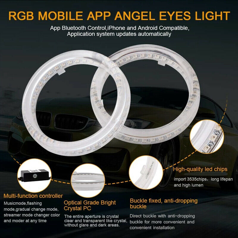 2x 80mm Car LED Angel Eyes Halo Ring Fog Light APP Bluetooth Colour Change RGB