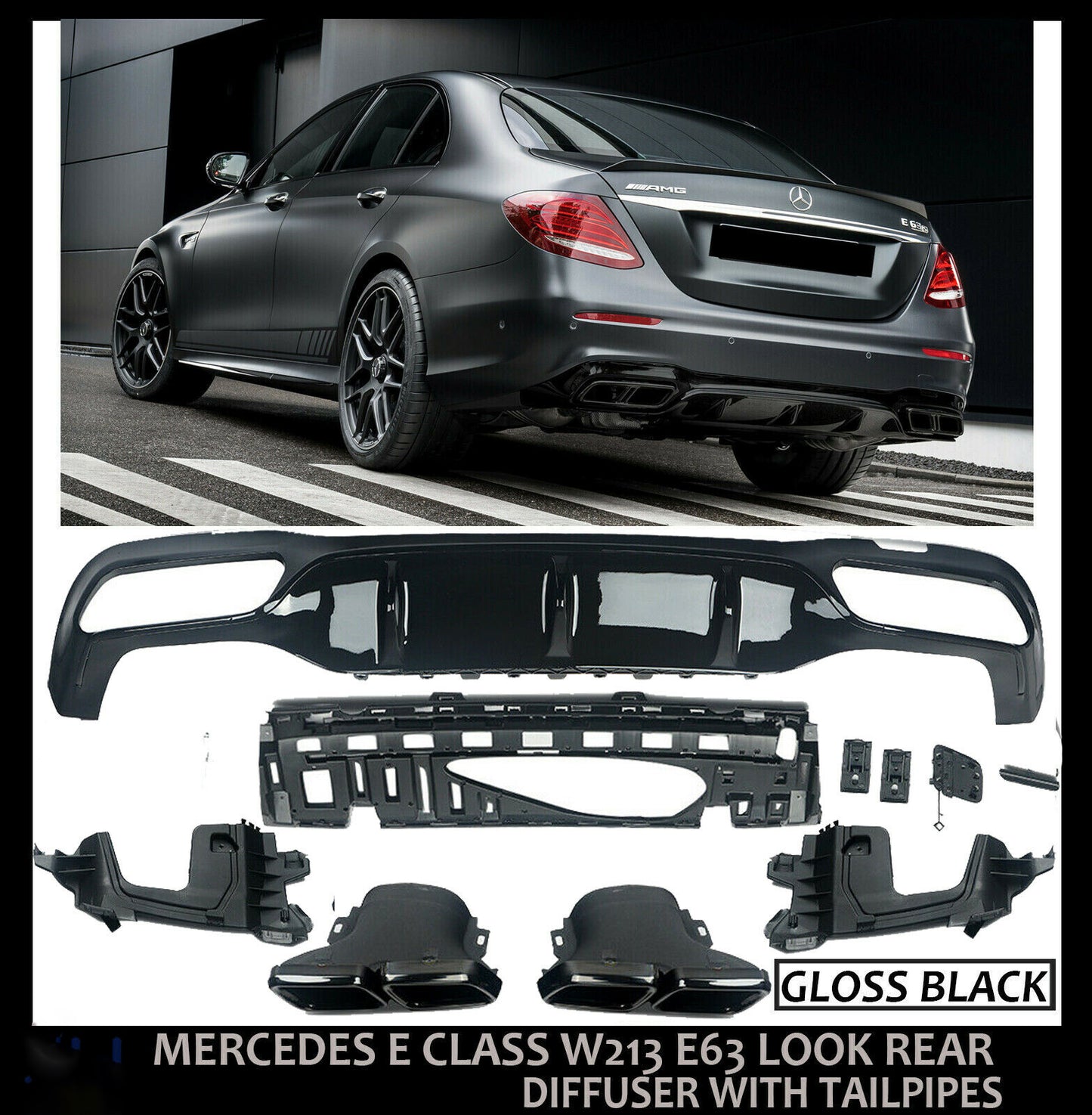 MERCEDES E CLASS W213 E63 LOOK AMG REAR BUMPER DIFFUSER TAILPIPES GLOSS BLACK