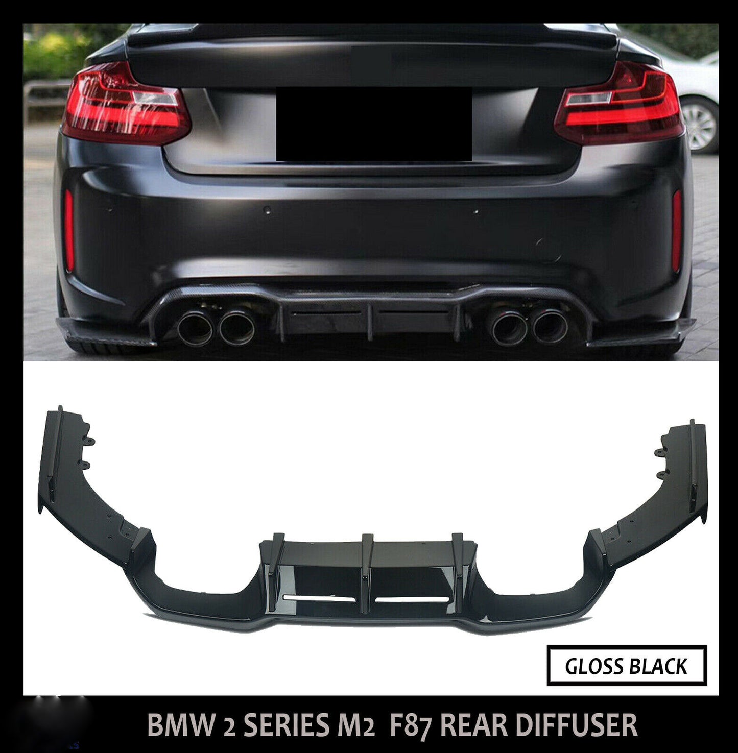 FOR BMW M2 F87 GLOSSY BLACK REAR DIFFUSER SPLITTER VALANCE 3PC MTC STYLE 2015+