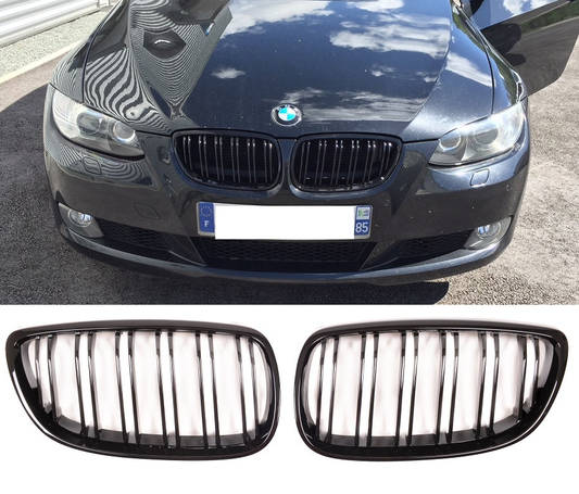 BMW E92 E93 06-10 & M3 GLOSS BLACK FRONT KIDNEY GRILLES GRILLS TWIN DOUBLE SPOKE