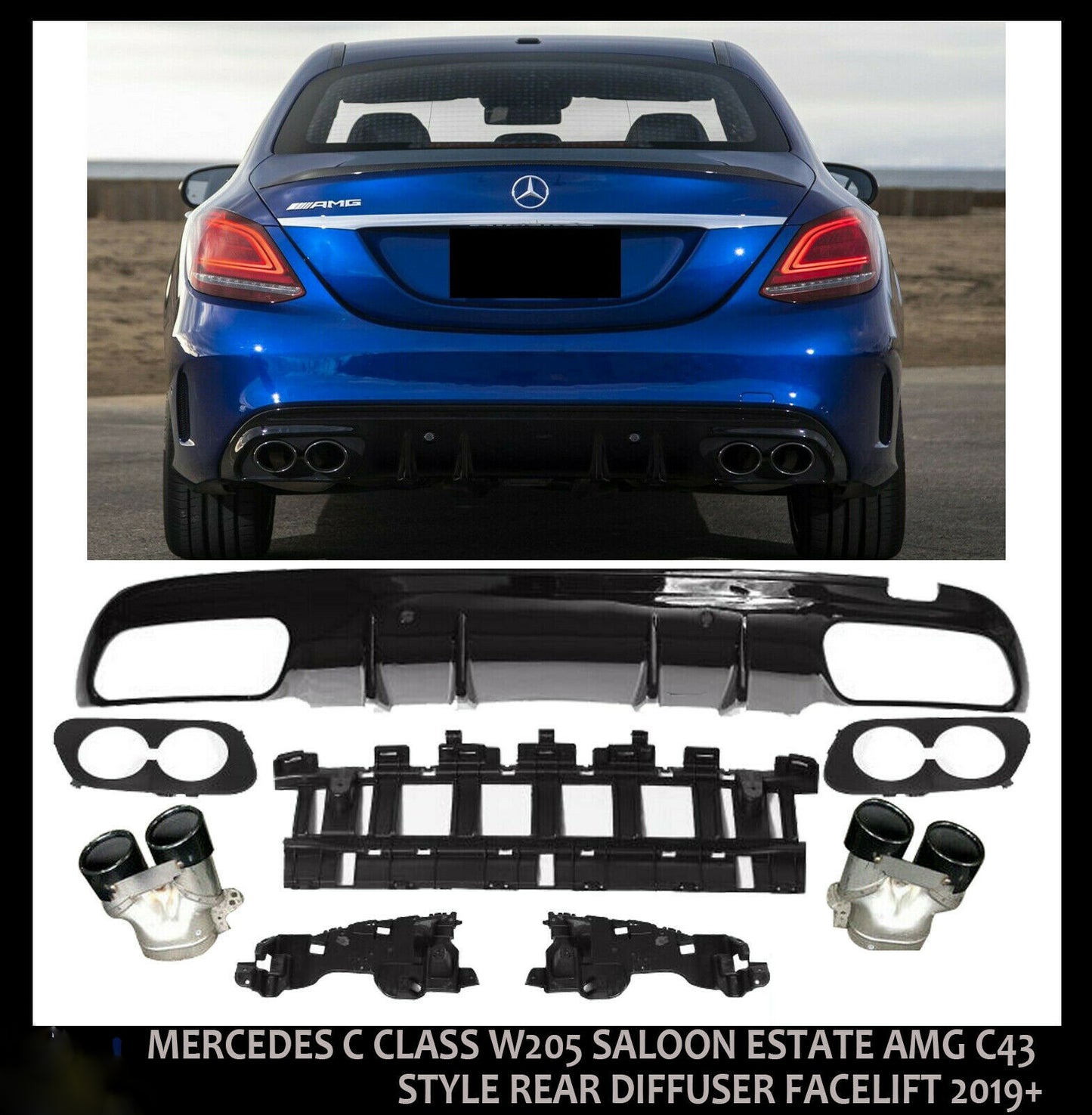 MERCEDES C CLASS W205 SALOON ESTATE AMG C43 STYLE REAR DIFFUSER FACELIFT 2019+