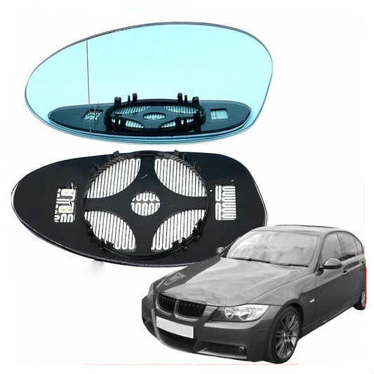 Left passenger side Wide Angle mirror glass for BMW 3 series 05-08 heated Blue