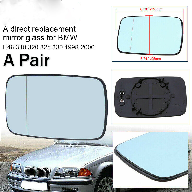 Right+Left Wing Mirror Glass Blue Heated for BMW 3-Series E46 Saloon 1998-06 UK