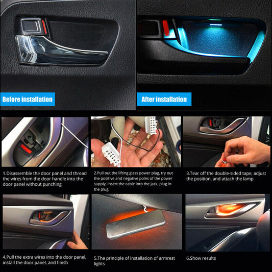 Set Blue Car Door Bowl Handle LED Ambient Atmosphere Light Interior Autopart E