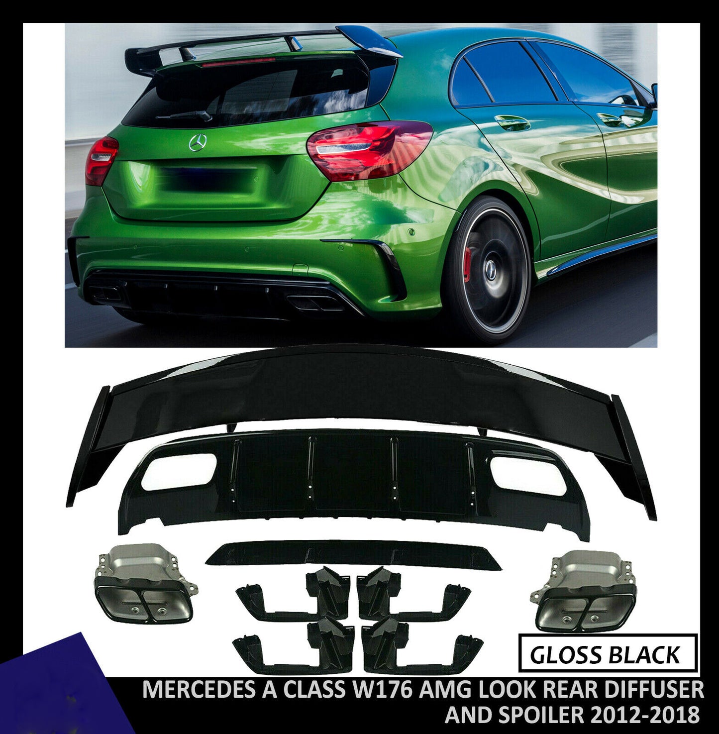 MERCEDES A CLASS W176 AMG A45 LOOK REAR DIFFUSER TAILPIPES AND ROOF SPOILER WING