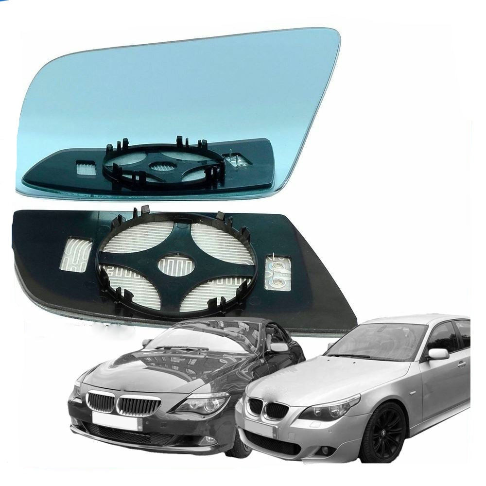 Left passenger side wing mirror glass for BMW 5 6 Series 2003-10 heated Blue